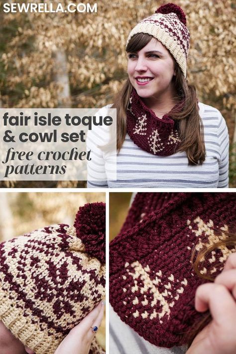 This fair isle toque and cowl set features some intricate color work that creates such stunning and unique pieces! The faux knit style is simple to achieve with my free pattern and photo charts for a fun hat and scarf duo. #crochet #freepattern #scarf #hat #beanie #fairisle Fair Isle Crochet Pattern, Crochet Toque, Fair Isle Crochet, Knit Fair Isle, Fair Isle Hat, Cowl Crochet, Fun Hat, Loom Knitting Patterns, Crochet Hat Free