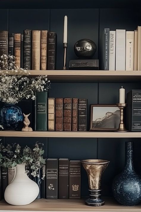 Shelf Styling: 9 Interior Design Tips for Perfectly Curated Shelves Dark Bookshelf Styling, Cottage Bookshelf, Dark Academia Bookshelf, Dark Bookshelves, Cozy Cottage Interiors, Dark Academia Living Room, Cottagecore Cabin, Making Shelves, 9 Elements