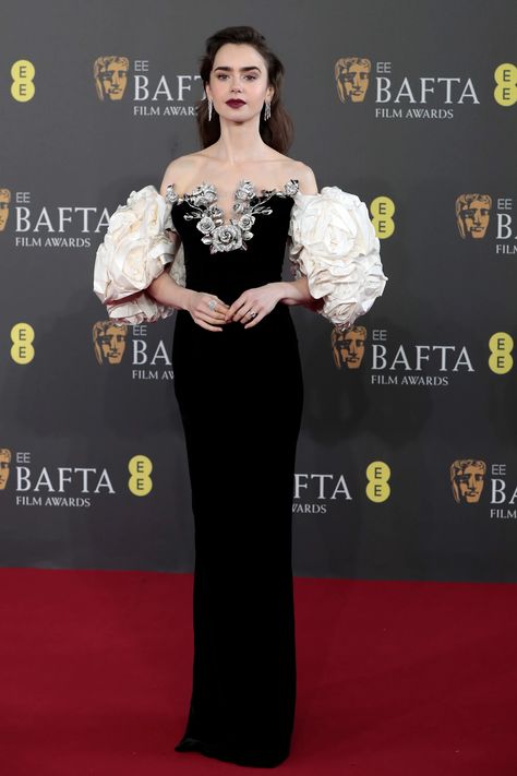 Lily Collins Stuns in Glamorous, Rose-Themed Gown on the 2024 BAFTA Awards Red Carpet - Parade Lily Collins Red Carpet, Bafta Red Carpet, Tamara Ralph, Lily Collins Style, Emily In Paris, Celebrity Red Carpet, Lily Collins, Emma Stone, On The Red Carpet