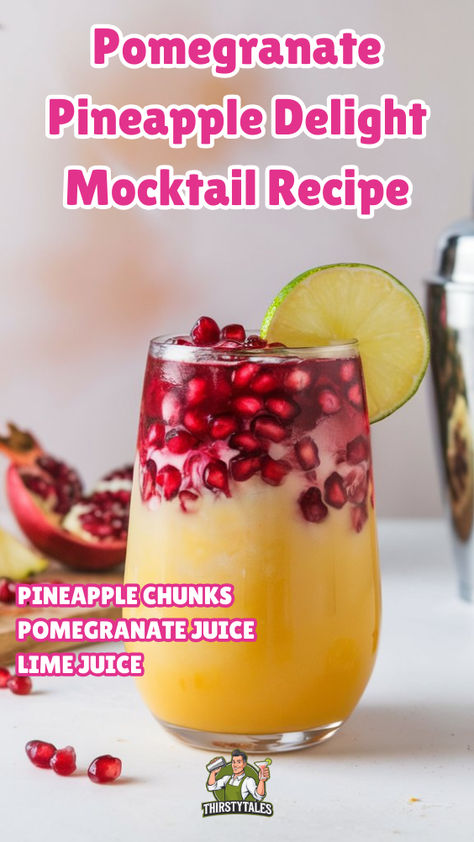 "Discover the refreshing Pomegranate Pineapple Delight Mocktail recipe, a  perfect blend of fruity flavors for your summer gatherings! This vibrant  Pomegranate Mocktail combines juicy pomegranate and tropical pineapple,  creating a delightful non-alcoholic beverage that everyone will love. Ideal  for those seeking delicious summer mocktails, this drink is a must-try for  your next party. Elevate your refreshment game with this easy fruit  cocktail recipe that’s sure to impress!" Mocktails Non Alcoholic Pomegranate, Pomegranate Mocktail Non Alcoholic, Mocktails Non Alcoholic With Pineapple Juice, Fruity Mocktail Recipes, Nonalcoholic Cocktails Recipes, Pineapple Mocktail Non Alcoholic, Fruity Mocktails Non Alcoholic, Mocktails Pineapple, Fruity Alcohol Drinks Easy