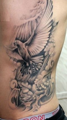 Men’s Rib Tattoo, Men Rib Tattoo, Angle Tattoo For Men, Tattoos Torso, Christus Tattoo, Rib Tattoos For Guys, Jesus Crucified, Dove Tattoos, Heaven Tattoos