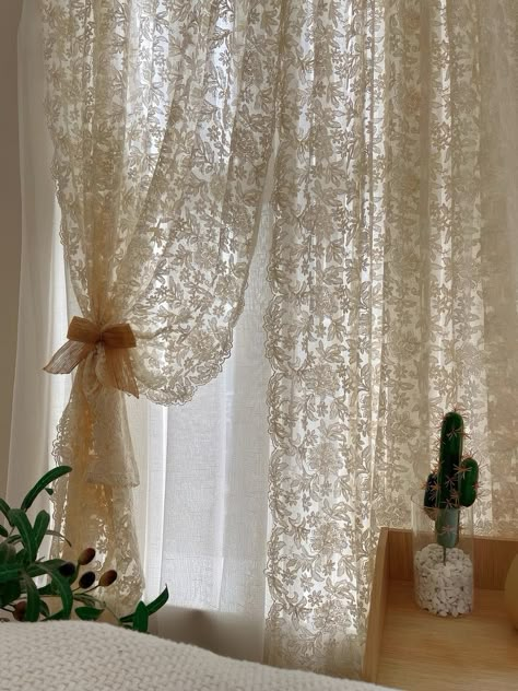 Lace Embroidered Sheer Curtain, Cream Ruffle French Country Style One Panel Window Decor Curtain - Etsy Canada Vintage Room Curtains, Short Lace Curtains, Lace Curtains Bedroom Aesthetic, Vintage Window Curtains, French Curtains Bedroom, Vintage Style Curtains, French Curtains Living Room, Lace Room Decor, French Windows Bedroom