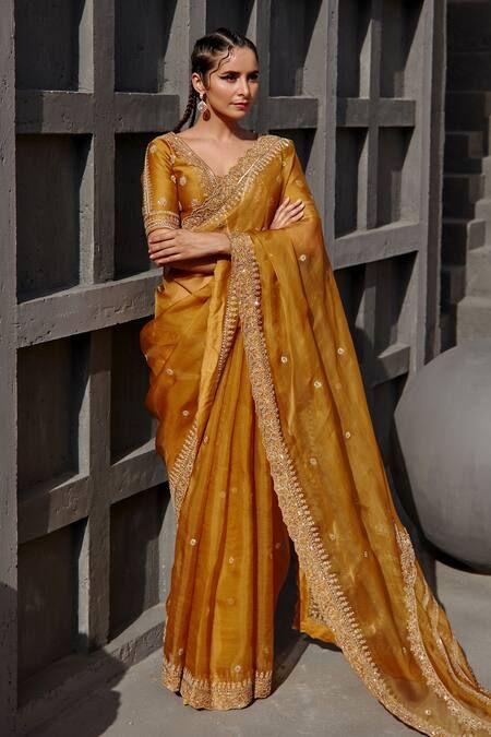 Buy Yellow Chanderi Embroidery Dori V Neck Saree With Blouse For Women by Jigar Mali Online at Aza Fashions. Current Saree Trends, Gold Organza Saree, Gold Color Saree, Fall Saree, Mustard Yellow Saree, Mustard Saree, Mustard Yellow Outfit, Gold Saree, Fancy Sarees Party Wear