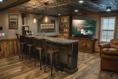 Man Cave Home Bar on a Budget Old Style Bar Design, Coastal Man Cave, Western Home Bar, Basement Pub Ideas, Rustic Bar Ideas, Man Cave Barn, Country Man Cave, Basement Bar Ideas On A Budget, Rustic Basement Bar