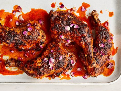 Rosy Harissa Chicken Susan Spungen, Rose Harissa, Chicken Quarters, Harissa Chicken, Chicken Leg Quarters, Roasted Garlic Cloves, Seasoning Recipes, Shallots, Chicken Recipe