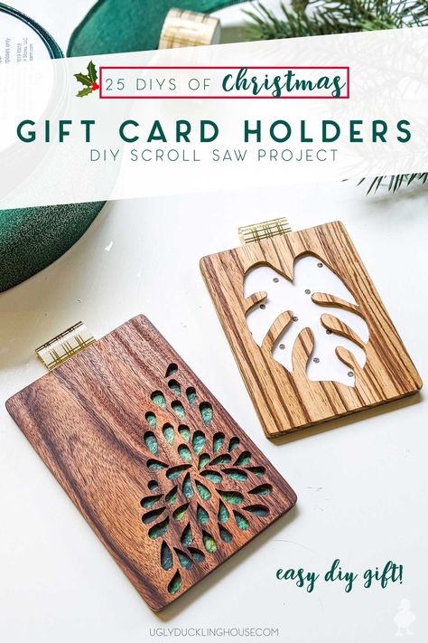 SO cute! These DIY wood gift card holders can be made with a scroll saw and this FREE downloadable template! When you don't know precisely what to get someone or they prefer to get their own gift, you can still inspire their spending with a custom gift card design. #giftcard #diy #scrollsaw #woodworking #christmas #giftideas #coworkergifts #giftsforher #giftsforhim #giftsforparents Wood Gift Card Holder, Diy Gift Card Holder Ideas, Gift Card Holder Ideas, Card Holder Ideas, Diy Gift Card Holder, Woodworking Christmas, Gift Card Holder Diy, Japanese Minimalist, Unique Gift Cards