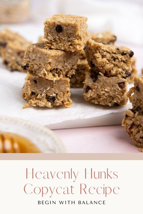 This Heavenly Hunks copycat recipe is a remake of one of our favorite treats to buy at Costco or the grocery store. They're a sweet treat packed with oats, coconut, and mini chocolate chips and they're less expensive to make at home. Heavenly Chunks Recipe, Copycat Kids Cliff Bars, Diy Heavenly Hunks Cookies, Homemade Heavenly Hunks Recipes, Perfect Bars Copycat, Clean Sweet Treats, Bobos Oat Bites Copycat, Heavenly Hunks Recipe Copycat, Heavenly Hunks Recipe