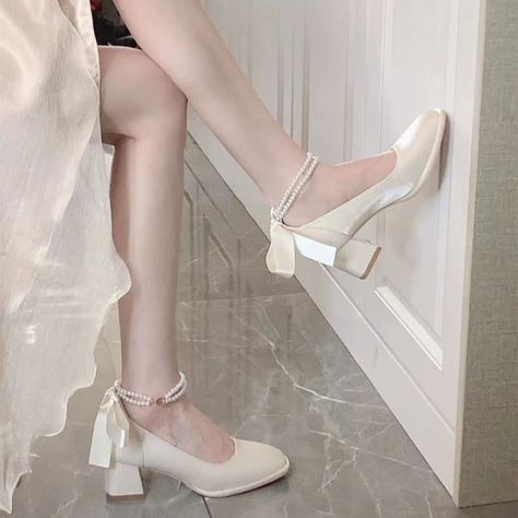 Dance On The Bow Mary Jane Shoes - Lovesickdoe MK18878 Prom Shoes Wedges, Graduation Shoes, Short Heels, Cream Shoes, Mary Jane Shoes Womens, Girly Shoes, Bow Shoes, Prom Shoes, Jane Shoes