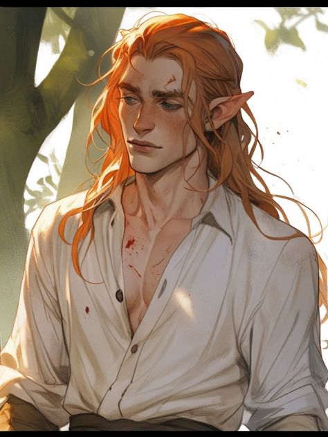 Red Hair Elf Man, Red Haired Man Art, Red Haired Elf Man, Ginger Hair Character, Long Haired Male Oc, Male Elf Character Art, Dnd Elf Male, Forest Elf Art, High Elf Dnd