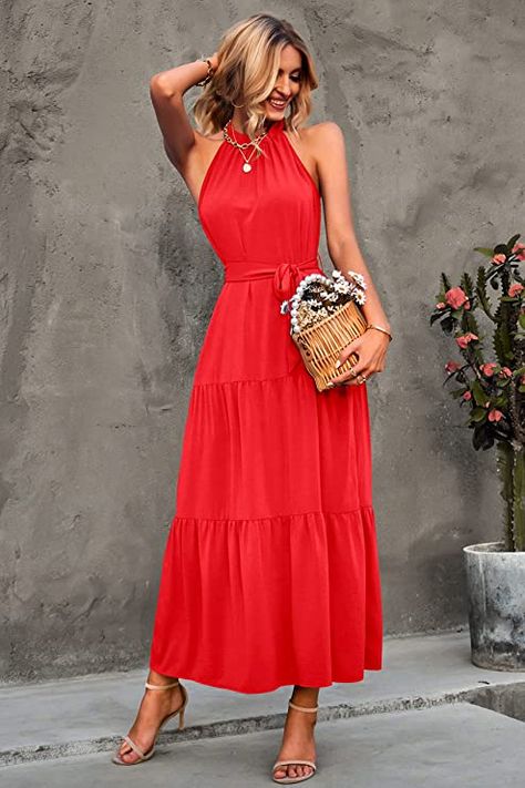 PRETTYGARDEN Women's Summer Floral Maxi Sun Dress Sleeveless Halter Neck Flowy Ruffle Hem Long Boho Dresses with Belt Boho Dresses Long, Halter Neck, Ruffle Hem, Boho Dress, Sundress, Summer Women, Dresses, Floral