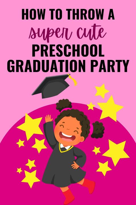 Homeschool Preschool Graduation Ideas (FUN IDEAS FOR END OF SCHOOL YEAR CEREMONY) cartoon drawing of homeschool preschooler throwing graduation cap in air and laughing on a pink background Graduation Activities Preschool, Kids Graduation Party Ideas, Last Day Of School Ideas, Preschool Graduation Ideas, Preschool Graduation Ceremony, Work For Kindergarten, Graduation Themes, Kindergarten Graduation Ceremony, Homeschool Graduation