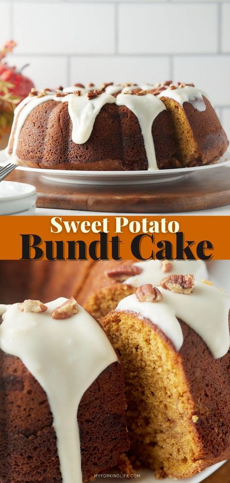 Sweet Potato Bundt Cake Recipe, Sweet Potato Bundt Cake, Sweet Potato Cake Recipe, Cake Cinnamon, Potato Cakes Recipe, Sweet Potato Cake, Thanksgiving Food Desserts, Dessert Party, Fall Cakes