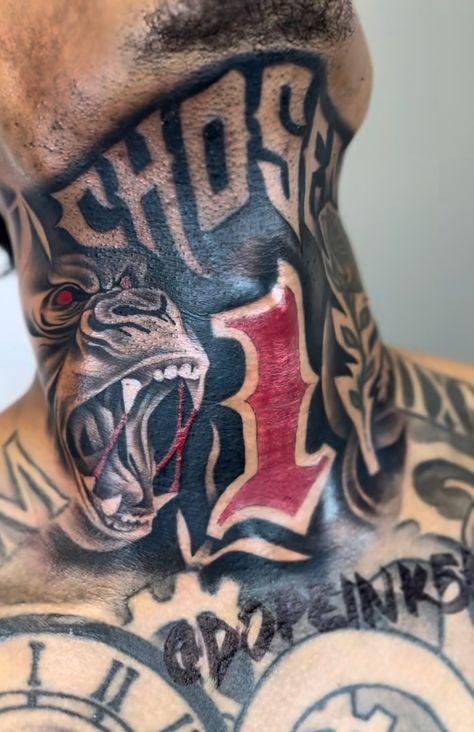 Upper Neck Tattoo Men, Neck Tat Design, Neck Tattoo For Guys Red Ink, Good Neck Tattoos For Men, Red Tattoo Men Ideas, Throat Tattoo Ideas Men, Neck Tattoo Men Black, Whole Neck Tattoo Men, Chosen 1 Tattoo Men Neck