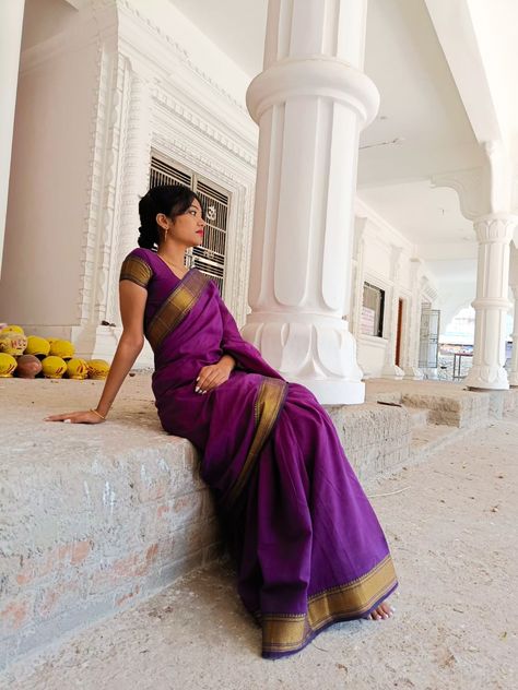 Purple Cotton Saree, South Cotton Saree, Saree Poses, Purple Saree, Cat Furniture, Cotton Saree, Classy Outfits, Desi, Saree