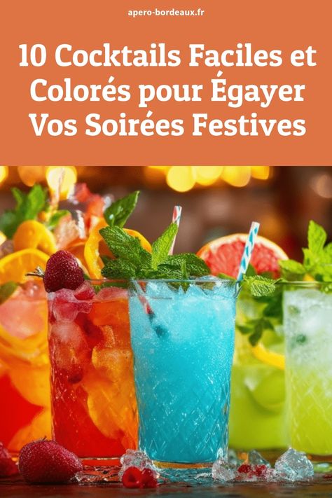 Des cocktails colorés variés avec des garnitures de fruits frais et des herbes sont présentés sous un éclairage festif, parfaits pour égayer vos fêtes. Cocktail Vodka, Cocktail Fruit, Gin Tonic, Color