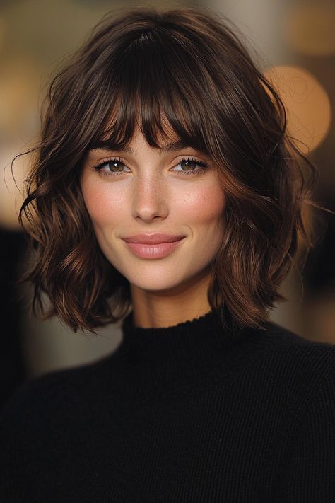 Short Hair Styles For Heart Shaped Face, Short Brunette Hair With Bangs, Tousled Layers, Bobs With Bangs, Short Wavy Hairstyles, Short Wavy Haircuts, Short Choppy Haircuts, Wavy Bob Haircuts, Choppy Haircuts