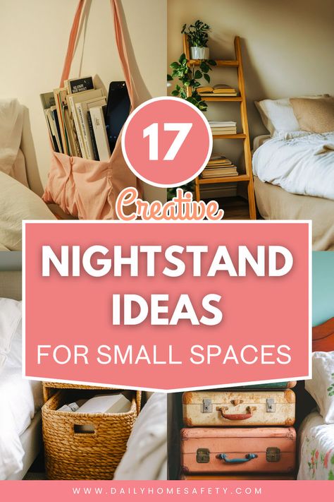 Discover 17 innovative nightstand ideas perfect for small spaces. From wall-mounted shelves to multi-functional furniture, maximize your bedside storage and style. Small Bedroom Nightstand Ideas, Alternative Bedside Table Ideas, Creative Nightstand Ideas, Creative Nightstand, Nightstand Alternative, Nightstand Ideas, Small Nightstand, Maximize Storage, Ideas For Small Spaces