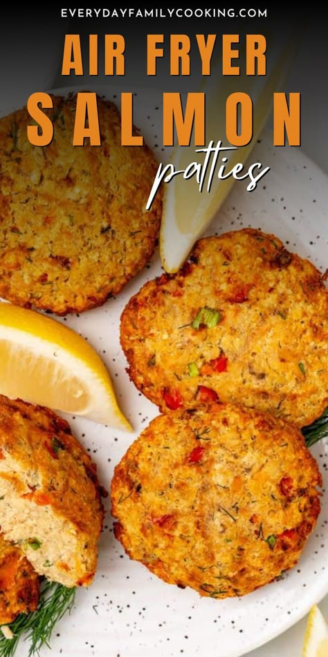 Air fryer salmon patties are made with canned salmon and cooked to perfection! This pantry-staple meal is packed with protein, easy to make, and oh-so-delicious. Simple Salmon Patties Recipe, Air Fryer Salmon Patties, Canned Salmon Patties, Fried Salmon Patties, Air Fryer Fish Recipes, Canned Salmon Recipes, Air Fryer Salmon, Inexpensive Dinners, Canned Salmon