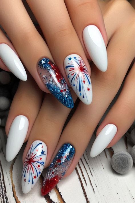 ✨  Whether you're celebrating with friends, family, or just showing off your patriotic spirit, this nail designs will make your fingertips the star of the show.  💅  #4thOfJulyNails #PatrioticNails #NailArt  👉 Click to explore and get inspired! Red White Blue Firework Nails, Fire Work Nails Design 4th Of July, Fourth Of July Nails Designs Fireworks, Fireworks Nail Design, 4 Of July Nails Gel, Nails Acrylic Fourth Of July, Nail Inspiration 4th Of July, Forth Of July Nails Fireworks, July 4 Th Nails Designs