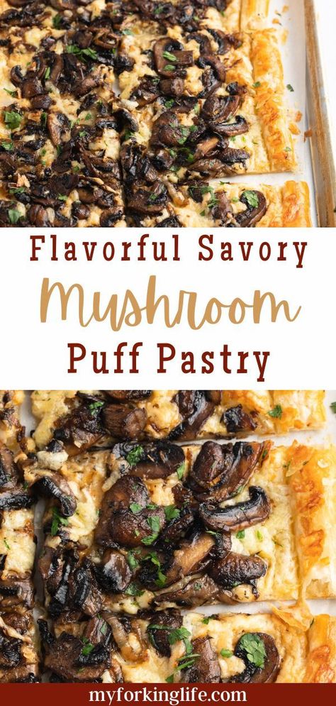 This is the perfect dish for dinner appetizers or brunch time! Flaky puff pastry is topped with mushrooms, herbs, garlic, and onion. It's finished with balsamic and is a fantastic combination of umami, savory flavors that everyone including your vegetarian friends can enjoy! Mushroom Puff Pastry, Puff Pastry Recipes Dinner, Onion Appetizers, Puff Pastry Recipes Savory, Spinach Puff Pastry, Savory Puff Pastry, Mushroom Tart, Brie Puff Pastry, Mushroom Appetizers