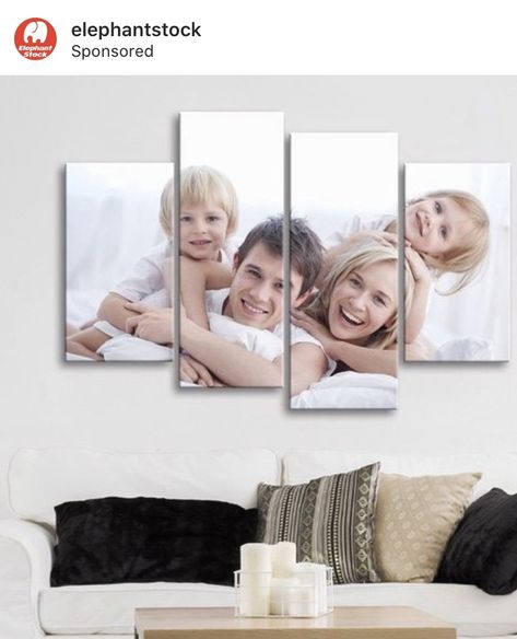 Photo Wall Decor Bedroom, Above Bed Ideas, Family Photos Wall Decor, Picture Wall Living Room, Family Pictures On Wall, Canvas Photo Wall, Home Interior Accessories, Colourful Living Room Decor, Family Photo Wall