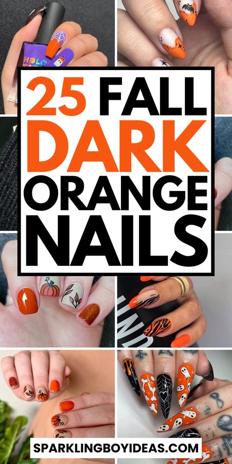 Dark orange nails are perfect for a bold fall look. From burnt orange nails to deep rust tones, these warm autumn nails are ideal for the season. Try earthy tone nail designs with terracotta or copper accents for a cozy vibe or go for dark fall nails with muted orange nail colors. Opt for orange ombre nails or add a touch of pumpkin spice to your look. Whether you prefer short autumn nails or intricate fall nail art, dark orange nail designs will keep your manicure on-trend this season. Brown Orange Nails Design, Deep Orange Nails, Orange Fall Nail Designs, Orange Short Nails, Dark Orange Nails, Burnt Orange Nails Fall, Fall Orange Nails, Fall Nails Orange, Dark Fall Nails