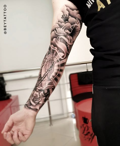 Fire Arm Sleeve Tattoo, Family Sleeve Tattoo, Men Tattoos Arm, Tattoos Arm Sleeve, Rose Tattoo Sleeve, Men Tattoos Arm Sleeve, Tattoos Arm, Forarm Tattoos, Cool Forearm Tattoos