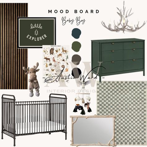 The perfect nursery for a little adventure baby 💚 Hunter Green Nursery Boys Forest, Outdoorsy Nursery Boy Rooms, Blue And Green Nursery Boy, Dark Green Nursery Boy, Outdoorsy Nursery, Green Nursery Boy, Rustic Boy Nursery, Green Baby Room, Adventure Theme Nursery