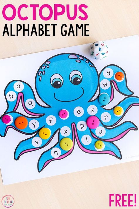 This octopus alphabet game is perfect for an ocean theme. Develop fine motor skills while learning letters when you play this fun game! Ocean Games Preschool, Octopus Activities For Preschool, Alphabet Games For Preschool, Ocean Theme Preschool Activities, Ocean Activities Preschool, Ocean Alphabet, Ocean Theme Preschool, Alphabet Game, Ocean Theme Classroom