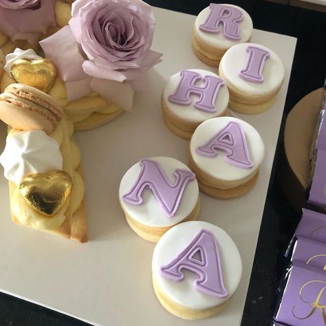 🌸 Biscuits & Treats 🌸 on Instagram: “💜 R I H A N A 💜 Mini Cookie Cakes to go with a Mini Letter Cookie Cake for my daughter’s 13th Birthday 💜💜💜💜💜💜💜💜 . . . #birthday…” Letter Cookie Cake, Mini Cookie Cake, Letter Cookie, Number Birthday Cakes, Cake Lettering, Letter Cake, Cookie Cakes, Cute Letters, Mini Cookies