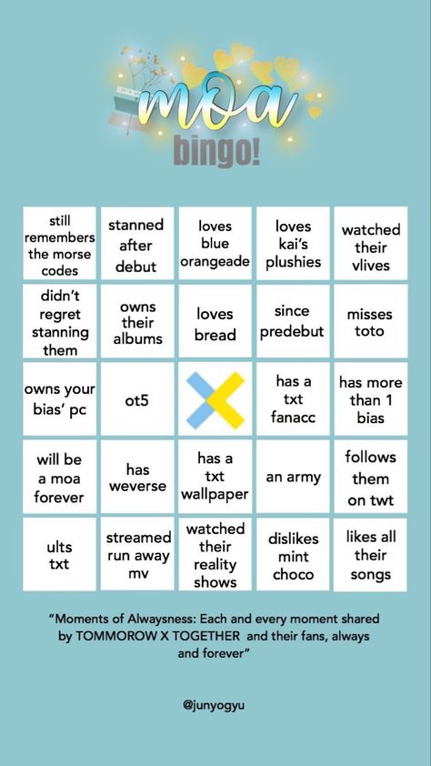 Txt Bingo, Kpop Bingo, Kpop Games, Bingo Template, Journal Inspiration Writing, Moa Diary, Kpop Profiles, Story Games, Birthday List