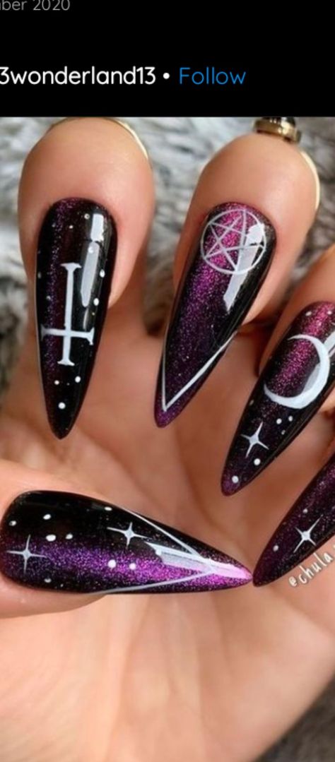 Dark Purple Goth Nails, Witchie Nails, Black And Purple Witchy Nails, Halloween Witch Nails Acrylic, Black Magic Nails, Black And Violet Nails, Nail Ideas Purple And Black, Black And Purple Stiletto Nails, Black And Purple Acrylic Nails