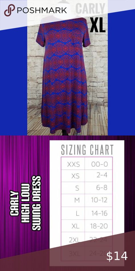 Slinky LuLaRoe Carly Dress Royal Blue Background, Lularoe Carly Dress, Lularoe Carly, Red Pattern, Lularoe Dresses, High Low Hem, Blue Background, Swing Dress, High & Low