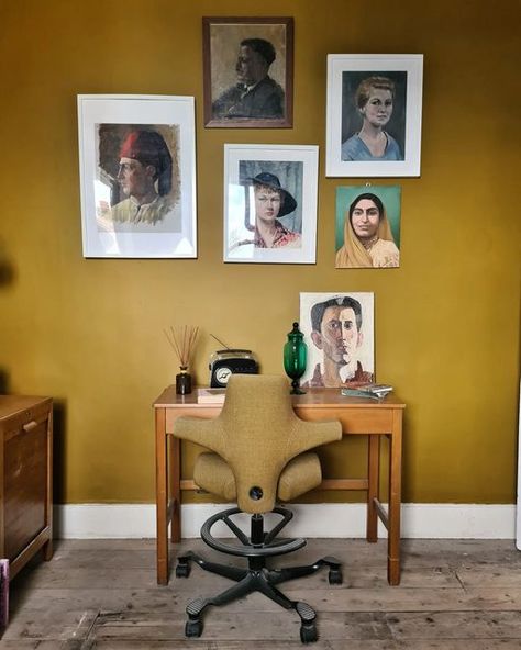 Mustard Ceiling, Yellow Home Office, Hygge Bedroom, London Decor, Mustard Yellow Walls, Yellow Office, Mustard Walls, Yellow Room, Yellow Interior