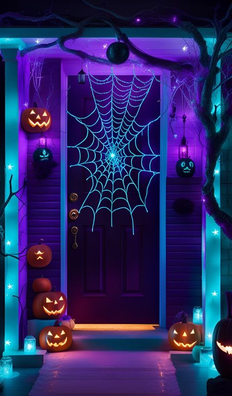 Glowing Halloween Wallpaper, Neon Green Halloween Wallpaper, Neon Halloween Background, Halloween Purple Lights, Orange And Purple Halloween Lights, Halloween Party Decor Diy, Halloween Spells, Halloween Front Porch Decor, Halloween Wallpaper Backgrounds