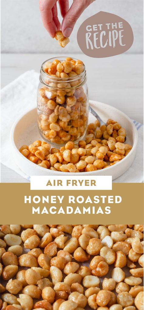 Honey roasted macadamias are a quick and delicious snack to enjoy at home, and using an air fryer makes them even easier to create! Macadamia Nut Recipes, Macadamia Nut Butter, Healthy Eating Snacks, Nut Snacks, Dinner Rolls Recipe, Nut Recipes, Roasted Nuts, Honey Roasted, Homemade Snacks