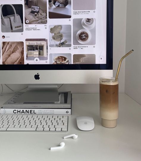 A computer opened to Pinterest. There’s a coffee sitting on the white desk. Ig Picture Ideas, Chanel Magazine, Office Admin, Coffee Vibes, Grow Social Media, Instagram Filler, Pinterest Feed, Career Vision Board, Coffee Instagram