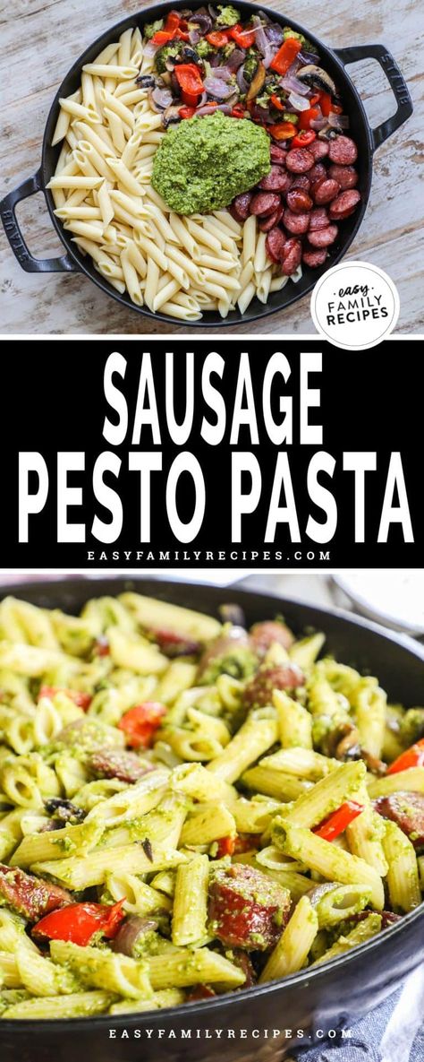 Smoked Sausage Pesto Pasta, Easy Dinner Recipes For Family Sausage, Sausage Pesto Pasta Recipes, Pesto Sausage Pasta, Pesto Pasta With Veggies, Sausage Pesto Pasta, Pesto Penne Pasta, Pesto Sausage, Pasta With Roasted Vegetables