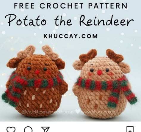 Christmas Plush Crochet, Christmas Crochet Stuffies, Fleece Yarn Crochet, Crochet Positive Potato Pattern Free, Amigurumi Free Pattern Christmas, Potato Crochet Free Pattern, Reindeer Crochet Pattern Free, Crochet Potato Pattern Free, Crochet Reindeer Pattern Free