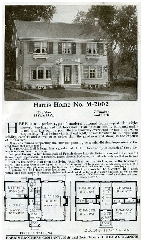 What could be more classic than a side gabled, two-story Colonial Revival? This home, shown in the 1920 Harris house plans catalog, was designed to be "just the right size". A scant 1500 sq. ft. garners four bedrooms, a single bath, and a good size living room. Classic Revival symmetry and simplicity mark this traditional house plan. 1920 House Plans, Dutch Colonial House Plans, Colonial House Floor Plans, Dutch Colonial House, Classic House Plans, Harris House, Vintage Floor Plans, Southern Colonial, Colonial Style House