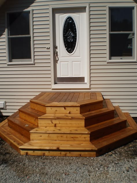 Problem solving steps   5 sided stairs Octagon Deck Steps, Porch Steps With Railing, Porch Steps With Landing, Steps With Railing, Porch Steps Ideas, Outside Stairs, Patio Stairs, Mobile Home Exteriors, Front Porch Steps