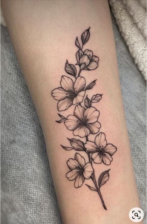 Group Of Flowers Tattoo, Larkspur Flower Tattoo Design, Floral Tattoo Design Forearm, Cherry Blossom Forearm Tattoo, Larkspur Tattoo Design, Simple Arm Tattoos For Women, Delphinium Flower Tattoo, Flower Tattoo Forearm, Larkspur Flower Tattoo