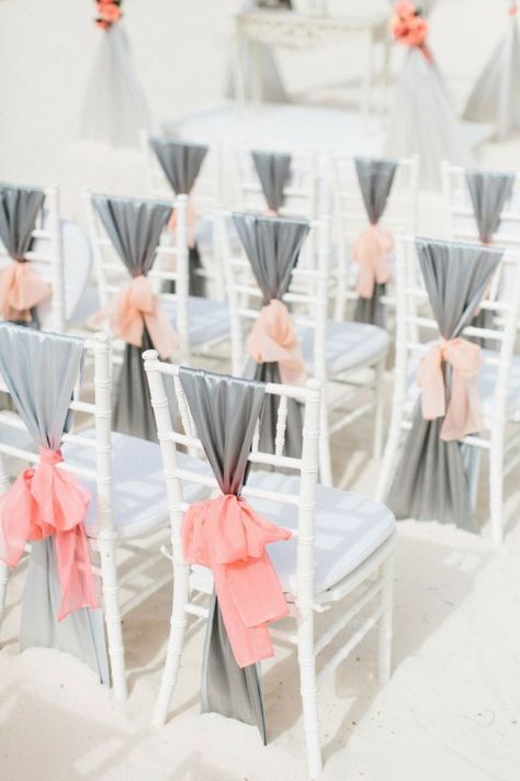 46 Elegant Grey And Coral Wedding Ideas | HappyWedd.com Wedding Chairs Diy, Coral Wedding Colors, Punta Cana Wedding, Wedding Chair Decorations, Grey And Coral, Grey Wedding, Coral Wedding, Wedding Palette, Peach Wedding