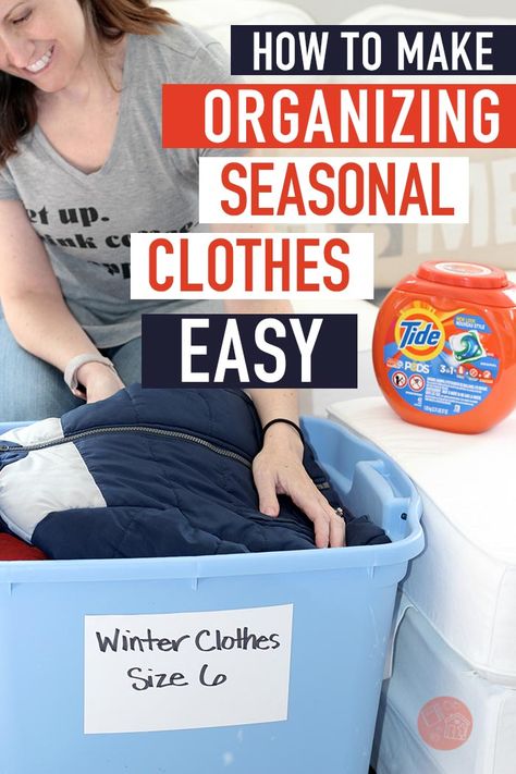 Organize your seasonal clothes with these handy tips! Packing away winter gear in spring or storing summer clothes in fall is simple with these clothes organizing tips and tricks. #sponsored #tidepower #organized #tidyup #organizedhome @tide @giantfood Storing Summer Clothes, Winter Clothes Storage, Vacuum Seal Storage Bags, Sorting Clothes, Boys Winter Clothes, Diy Outdoor Lighting, How To Make Labels, Pool Bags, Winter Gear