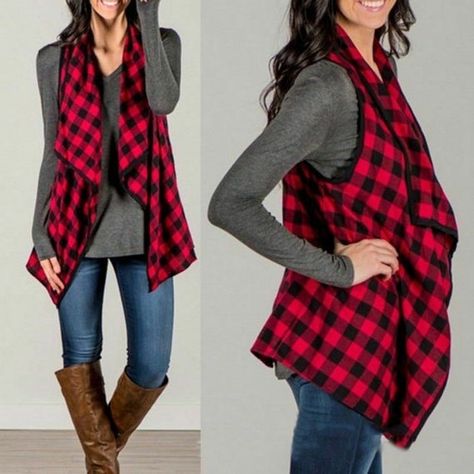 Women Sleeveless Long Plaid Waistcoat Blazer Jacket Suit Vest Cardigan Coat Red Women Waistcoat, Cardigan Vest Sleeveless, Check Vest, Vest Cardigan, Outwear Coat, Plaid Vest, Plaid Sweater, Sweater Vest Women, Sleeveless Cardigan