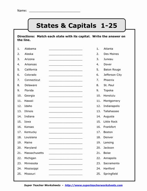 States and Capitals Matching Worksheet New Name States Capitals 1 25 Directions Match Each State with State Capitals Quiz, Learning States, Map Quiz, Us State Map, States And Capitals, Matching Worksheets, Social Studies Worksheets, State Capitals, United States Map