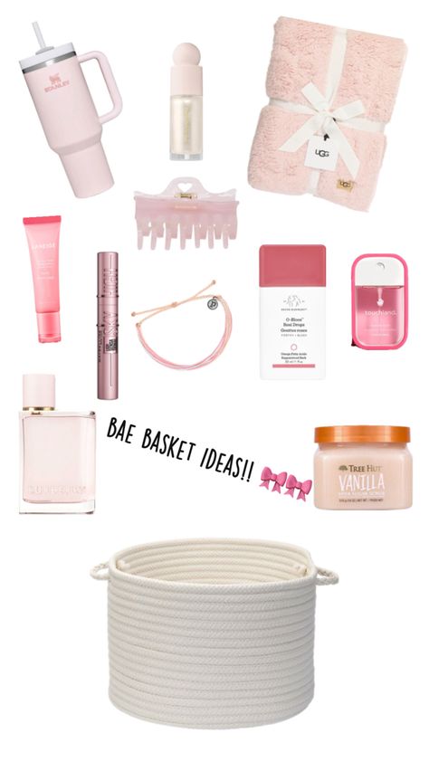 bae basket, pink, basket, tree hut, burberry, burberry her, burberry her perfume, perfume, blush drops, drunk elephant, pink ugg blanket, ugg, pink hair clip, rare beauty, rare beauty highlighter, sky high mascara, hand sanitizer, stanley, pink stanley, lanage lip mask, puravida bracelet Burberry Her Perfume, Ugg Blanket, Rare Beauty Highlighter, Puravida Bracelet, Blush Drops, Basket Tree, Pink Gift Basket, Pink Stanley, Stanley Pink