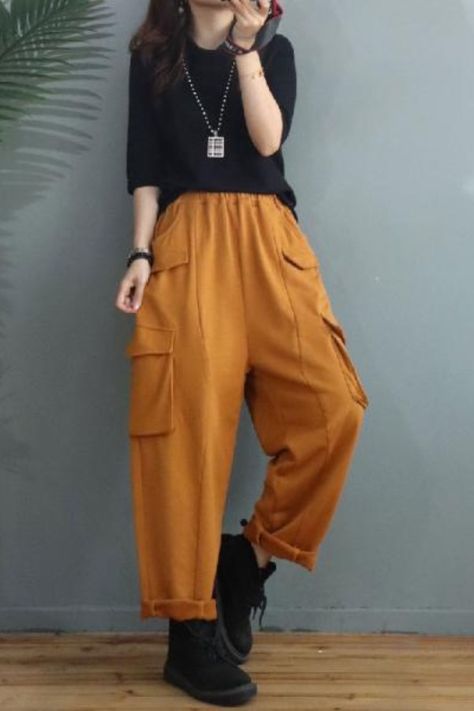 Cassandra Wayne, Nonbinary Fashion Feminine, Plus Size Androgynous Fashion, Orange Pants Outfit, Academic Fashion, Enby Fashion, Pants Aesthetic, Plus Size Cargo, Unisex Outfits