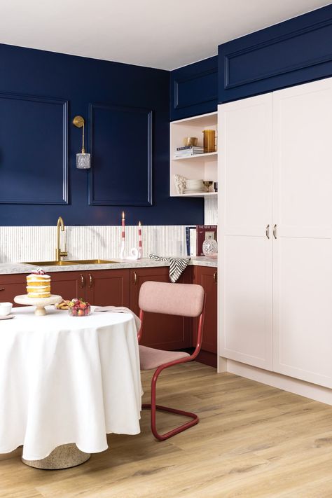 burgundy kitchen cabinets with blue wall and brass sconces Cabinet Colour Ideas, Kitchen Cabinet Colour Ideas, Burgundy Kitchen Cabinets, Burgundy Kitchen, Kaboodle Kitchen, Classic Kitchen Cabinets, Kitchen Color Trends, Kitchen Cabinet Color Ideas, Yellow Cabinets