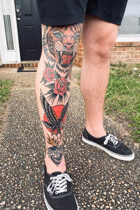 45 Traditional American Tattoos That are Bold and Beautiful | Inspirationfeed Traditional Tattoo Knee, Traditional Tattoo Leg Sleeve, American Traditional Sleeve, Traditional Tattoo Man, Tiger Tattoo Sleeve, Tiger Tattoos, Traditional Tattoo Sleeve, Old School Tattoo Designs, American Tattoos